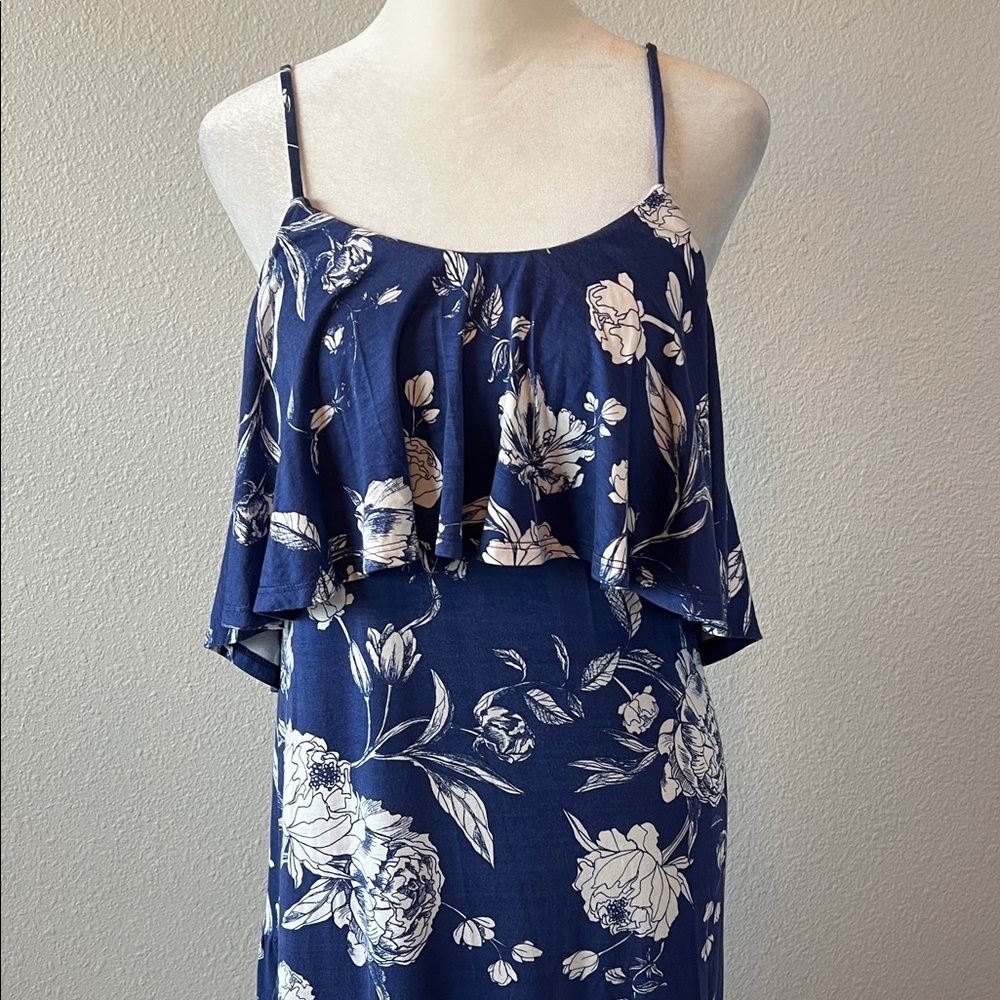 Rachel Pally Blue Floral Ruffle Bust Spaghetti Strap Jersey Maxi Dress Sz Small